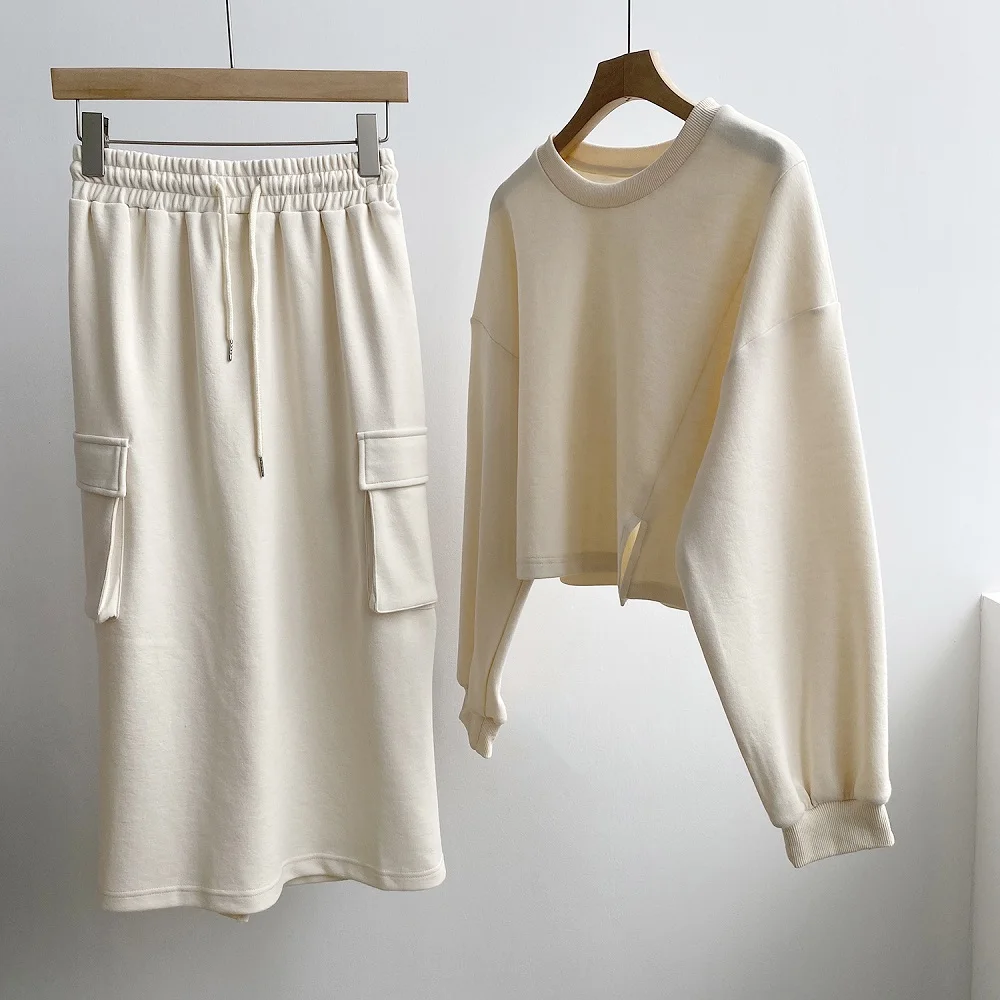 

2021 autumn solid casual suit skirt female women sweatsuit skirt set loose round neck long sleeve split streetwear sweatshirt, Customized color