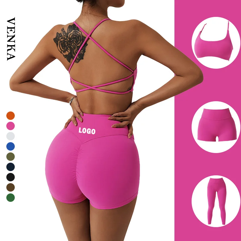 

Women Gym Wear Fitness Sports Bra Leggings Sets Crossed Strappy Bra High Waist Peach Butt Shorts Pants Trousers 2 Piece Yoga Set