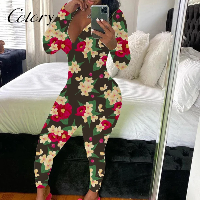 

Colory Plus Size Flower Print Women Sexy Onesie Pajamas Long Sleeve Pajama Onesie, Picture shows