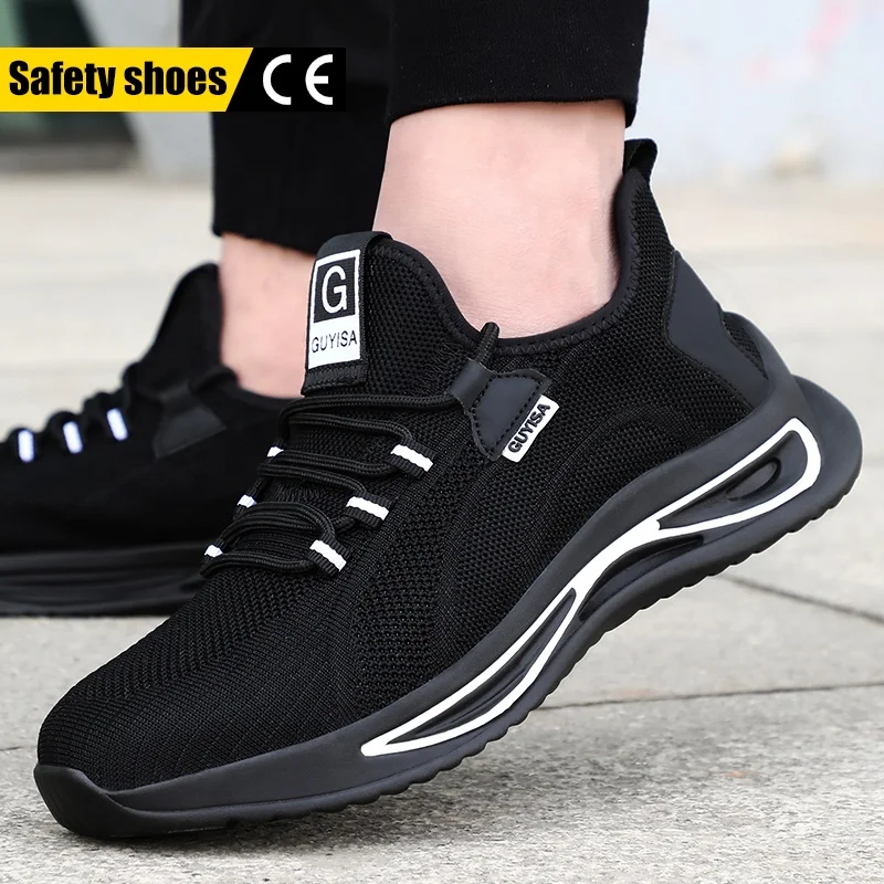 

GUYISA2022 Fashion Hot Sale Wholesale Fly Woven Breathable Steel Toe Shoes Rubber Plastic Lightweight Steel Toe Safety Shoes, Black