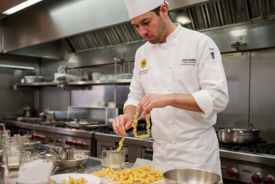 Professional chef preparing crystallized ginger in a commercial kitchen with precise measurements and temperature control