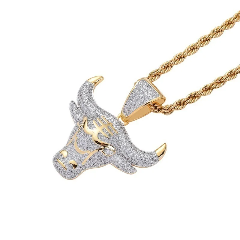 

Hip Hop Iced Out Bling OX Chain Fashion Silver Gold Plating Zircon And Brass Charm Cattle Bull Head Pendant Necklace Jewelry, Silver,gold,silver+gold