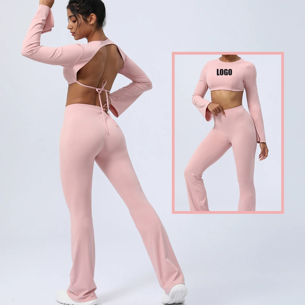 

Custom New Sportswear Ropa Deportiva Mujer Tendencia 2023 Backless Crop Top Flare Pants Workout Yoga Gym Fitness Sets Women
