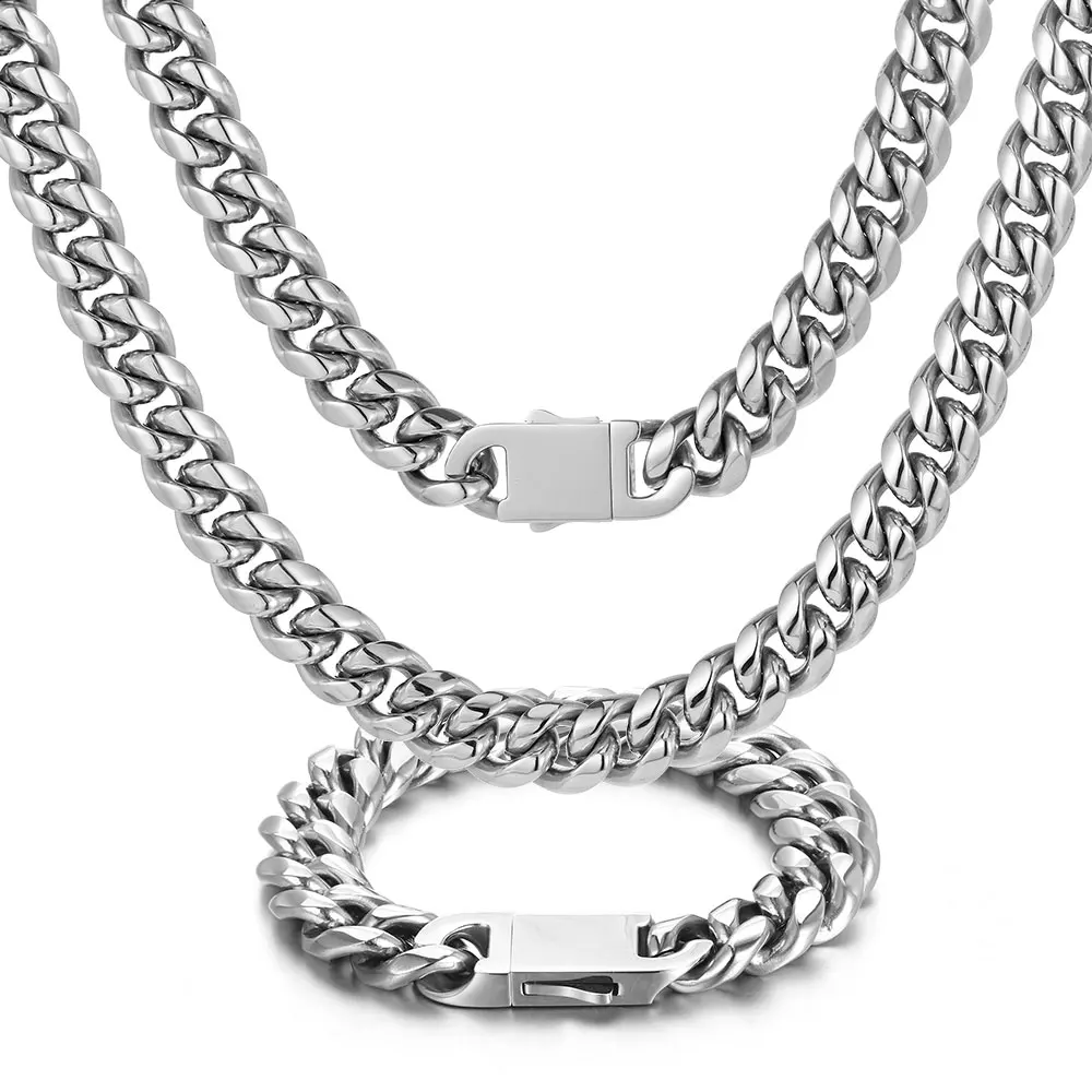 

N004 12mm Joyeria de Acero Inoxidable Mens Hip Hop Silver Curb Miami Necklace Stainless Steel Cuban Link Chain, Silver/gold /rainbow/black