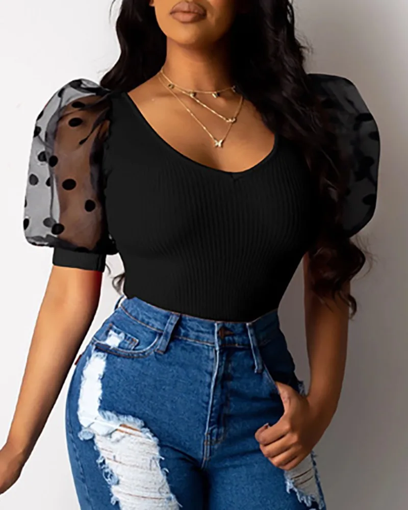 

Summer Women Clothing Women T Shirt Top Wave Point Puff Sleeve V-neck Women Casual Polyester Patchwork Women Blouses Breathable, Black,red,yellow
