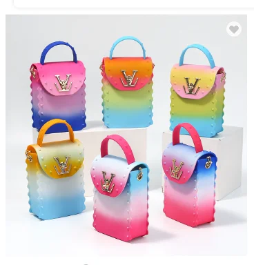 

2021 new mobile phone chain mini shoulder diagonal bag pvc color gradient rivet jelly handbag, Customized color