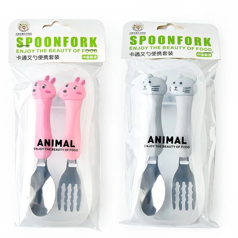 

Lovely Children 's carton Animal Stainless Steel 304 Baby Feeding Training Spoon Fork Set