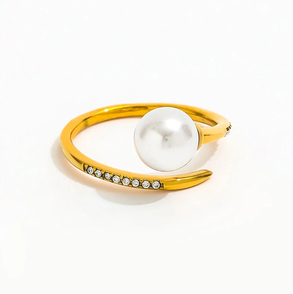 High End Women's Stainless Steel Ring 18K Gold PVD Zirconia Micro Pave Open Design Imitation Pearl Trendy Tarnish Free Jewelry