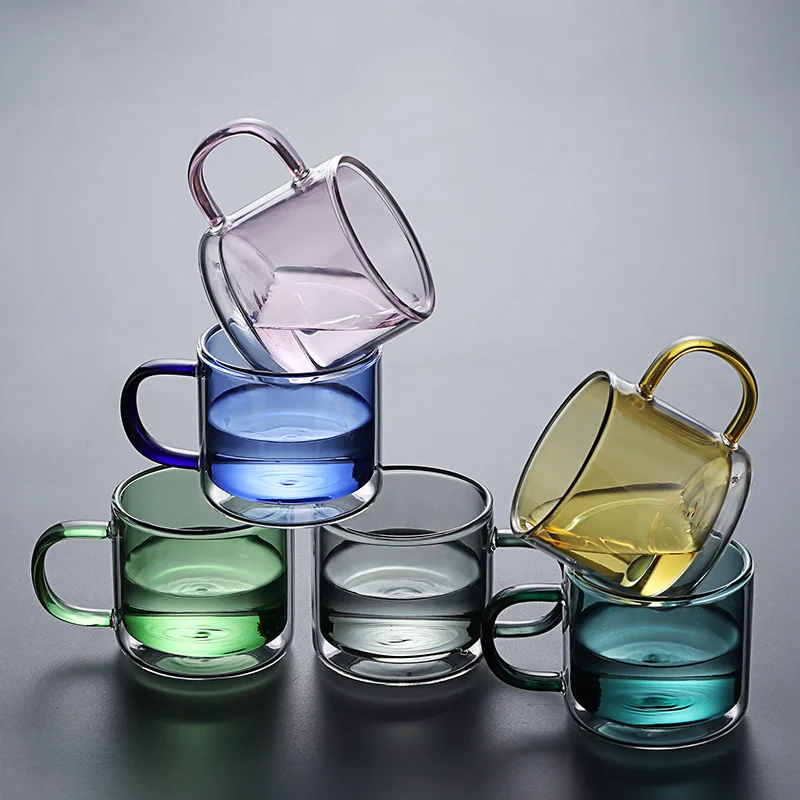 

Wholesale Household Transparent Cylindrical Coffee Mug Heat-Resistant Colored Double Glass cup