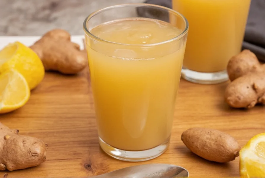 Fresh ginger root being grated into a glass measuring cup with lemon slices and honey nearby
