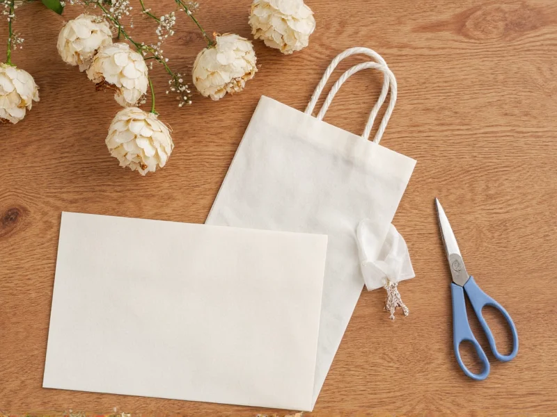 DIY gift bag materials on wooden table