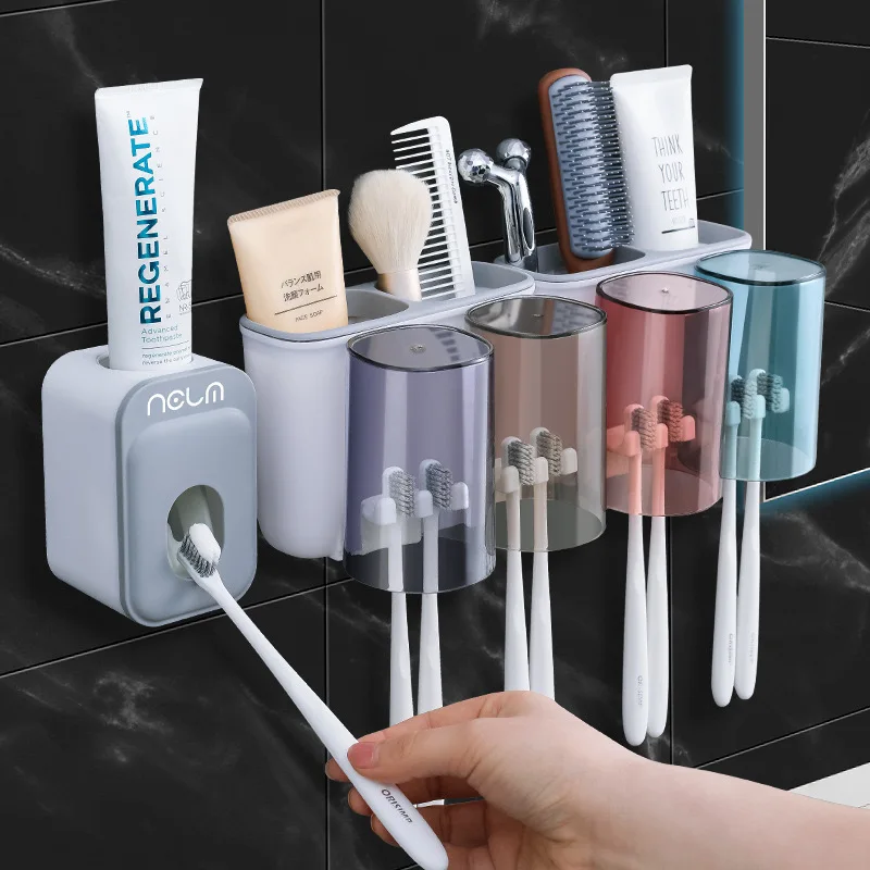 

Family Set Toothpaste Toothbrush Holder Home Bathroom Wall Mount Stand Storage Rack With Toothpaste Dispenser