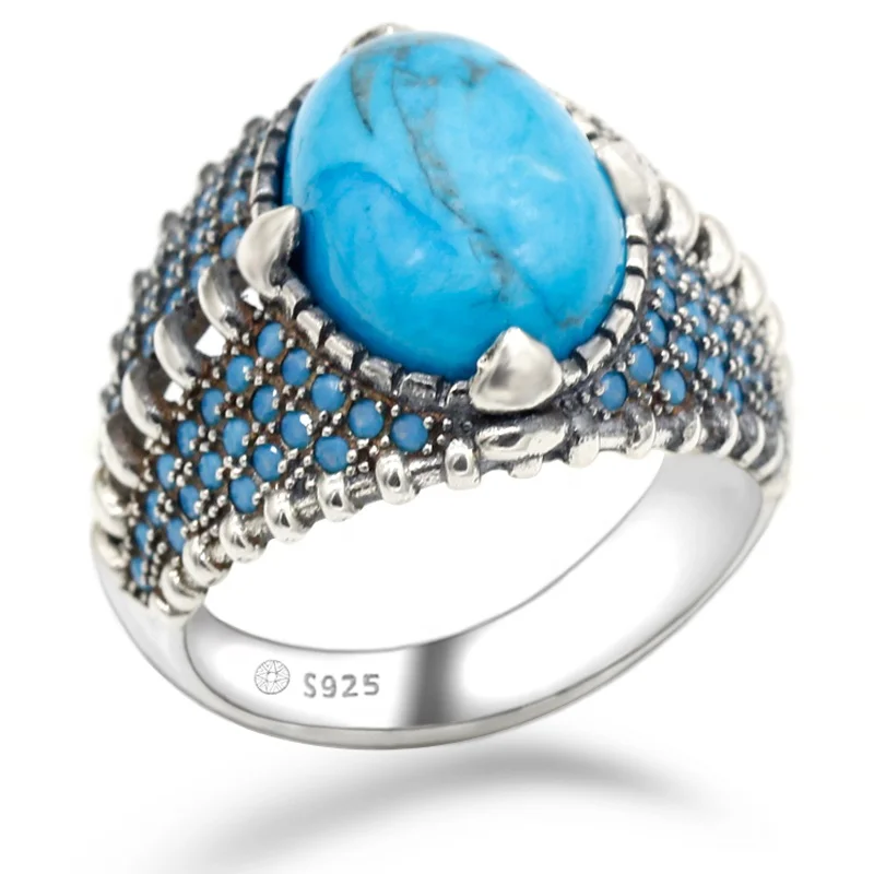 

Wholesale 925 Sterling Silver Blue Nautral Turquoise Stone Rings for Men Turkish Jewelry