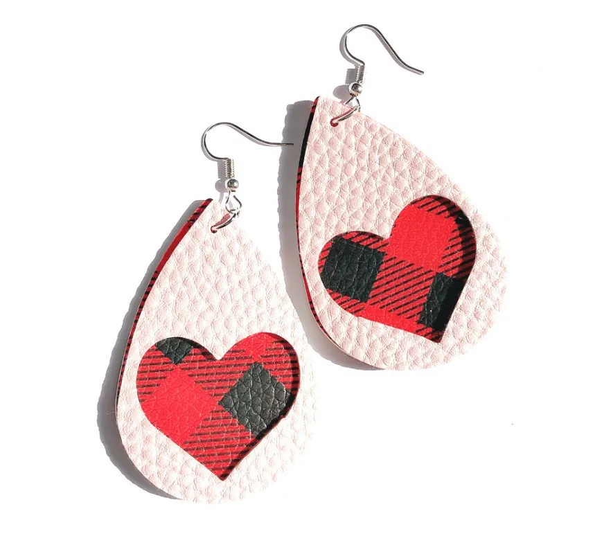 

Valentine's Day leather earring Red check drop hollow heart peach leather women earrings, As pics