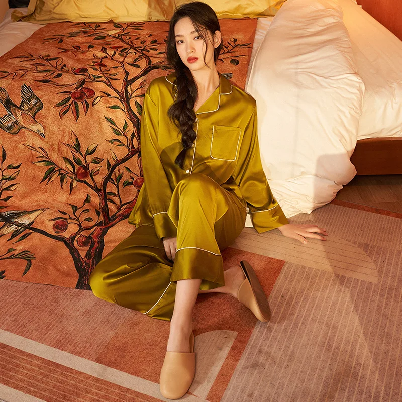 

Pajamas Wholesalers Satin Chiffon Pajamas Long Sleeve Trousers Home Service Suit Retro Women Sleepwear Pajamas, Customized color