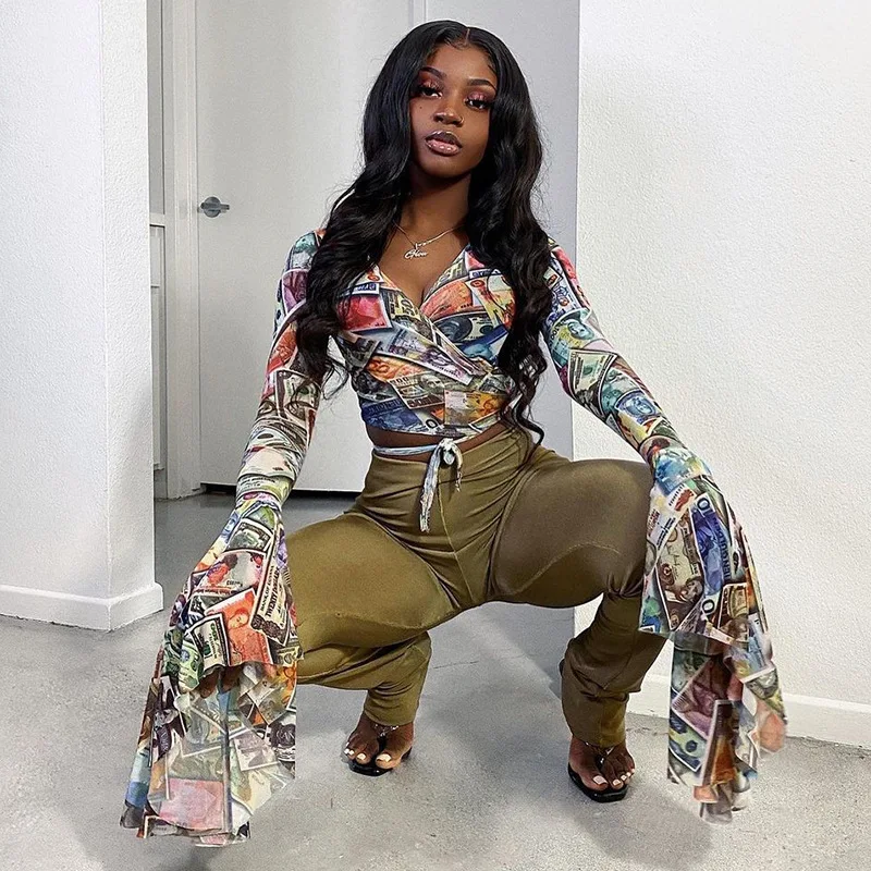 

G2086 autumn and winter new style money print long sleeve woman blouse women tops shirt