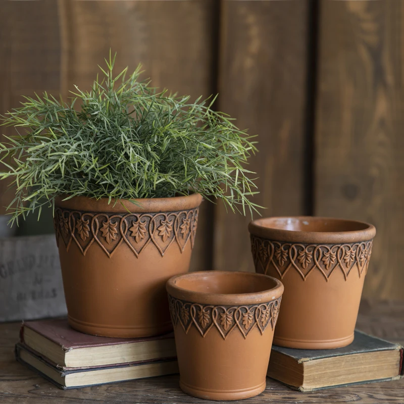 

new retro terracotta flower pot Custom American Classic Embossed leaf Flower Pot Ceramic Best Quality Decorative Modern Indoor
