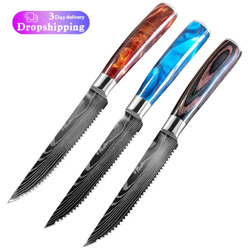 

Resin wood handle ultra sharp serrated damascus beef couteaux kinfes stainless steel steak knife set
