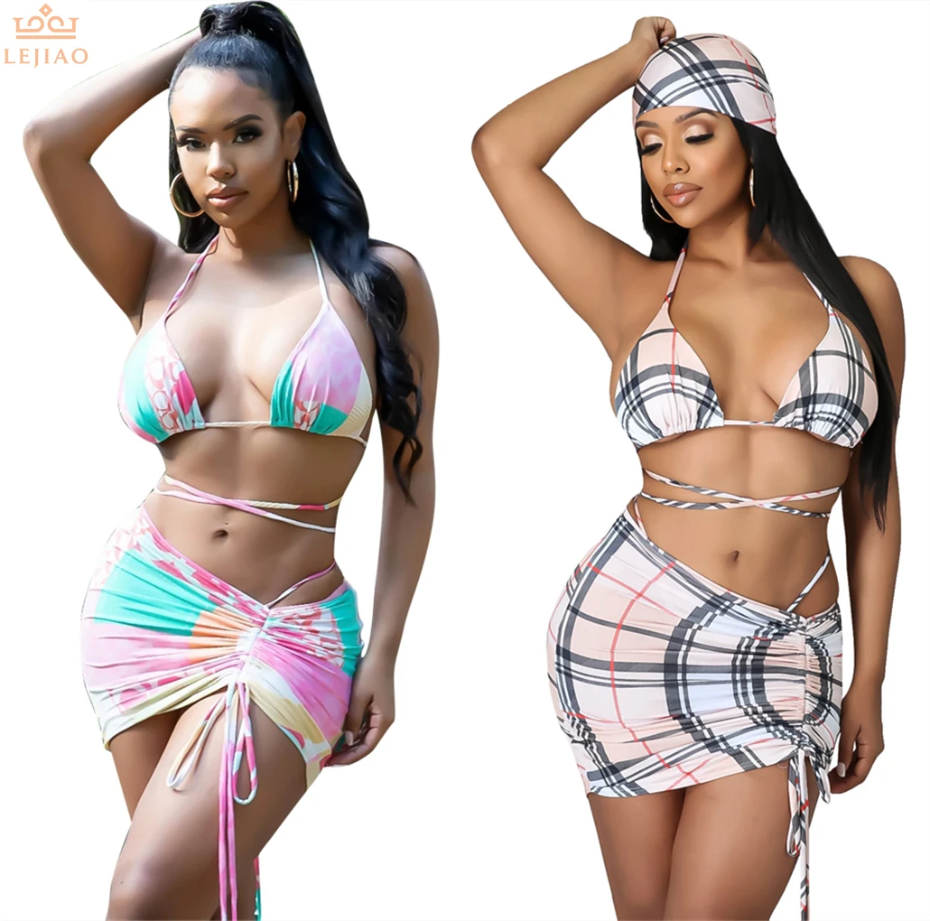 

New arrival Women's swimsuit four piece set With headscarf Bikini four piece set Crisscross frenulum Drawstring dress Fashion, Picture showed