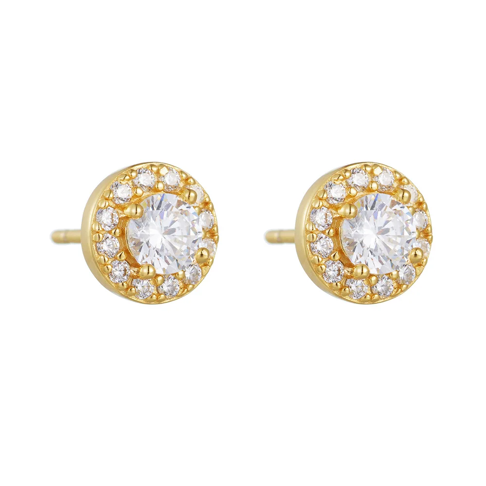 

Hip-hop INS simple 925 sterling silver full diamond round zircon gold plated stud earrings for women