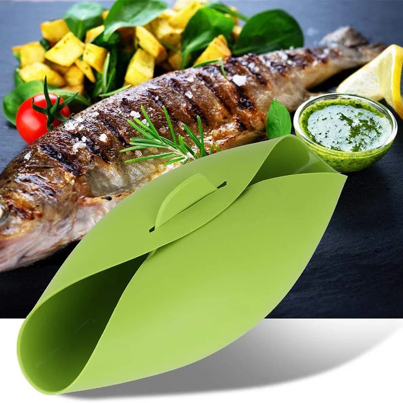 

1 pcs Kitchen Microwave Oven Steamer Soft-paste Silicone Folding Bowl Baking Fish Steam Roaster Bread Food Tool, Green