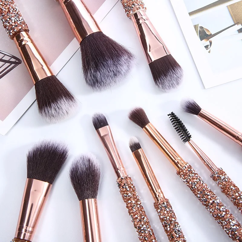 

Rose golden Glitter Handle 10pcs crystal diamond foundation makeup brushes with PU bag brush set professional, Picture