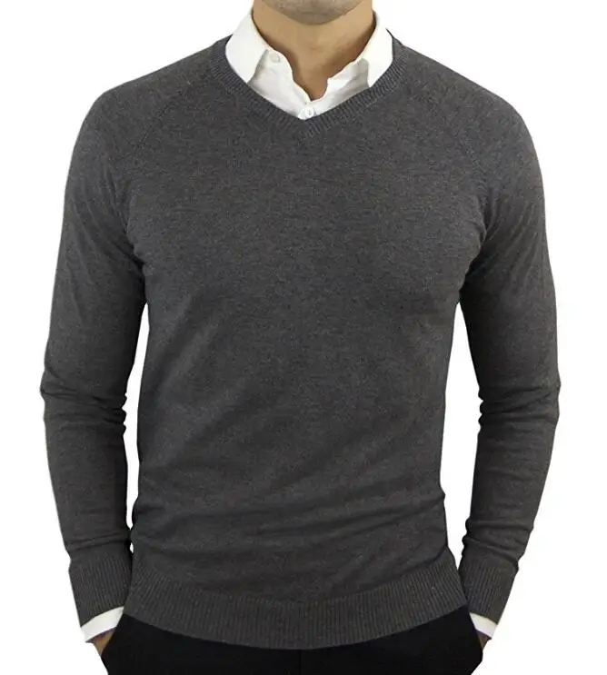 

Wholesale custom men's sweater casual V-neck solid color knitted pullover, Black