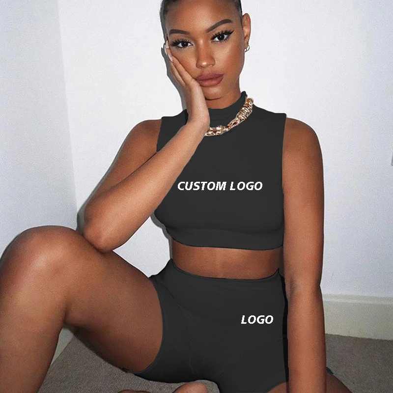 

X01191C Custom LOGO solid sleeveless crop top two piece set women elastic high summer biker shorts casual clothes skinny, Black