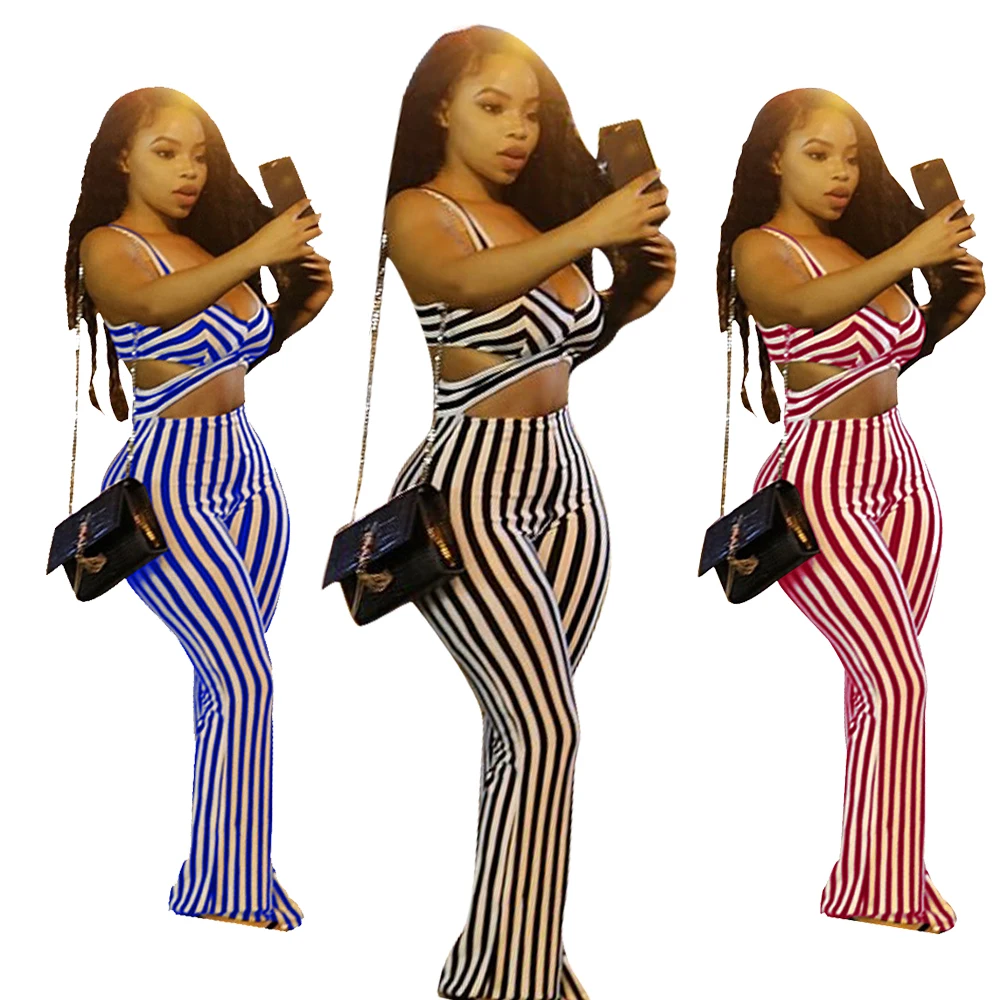 

Fashionable and sexy women's striped hollowed out Jumpsuit nightclub flared pants