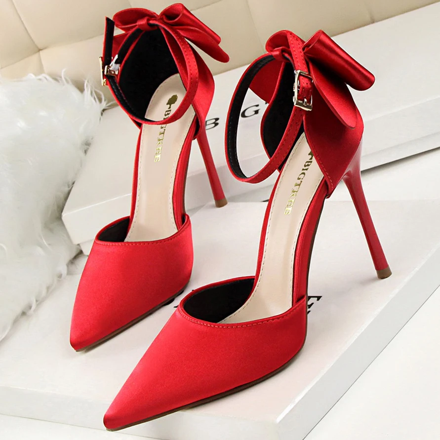 

Dropshipping women high heel shoes bowknot woman wedding shoes pointed toe pumps women shoes, Red, black, pink, gold, wine-red, grey