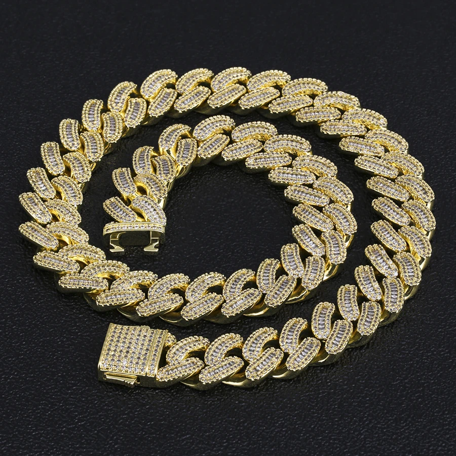 

KRKC Drop Shipping 1pcs Service 16mm 14k Gold Plated Baguette 5A CZ Diamond Iced Out Hip Hop Jewelry Cuban Link Chain