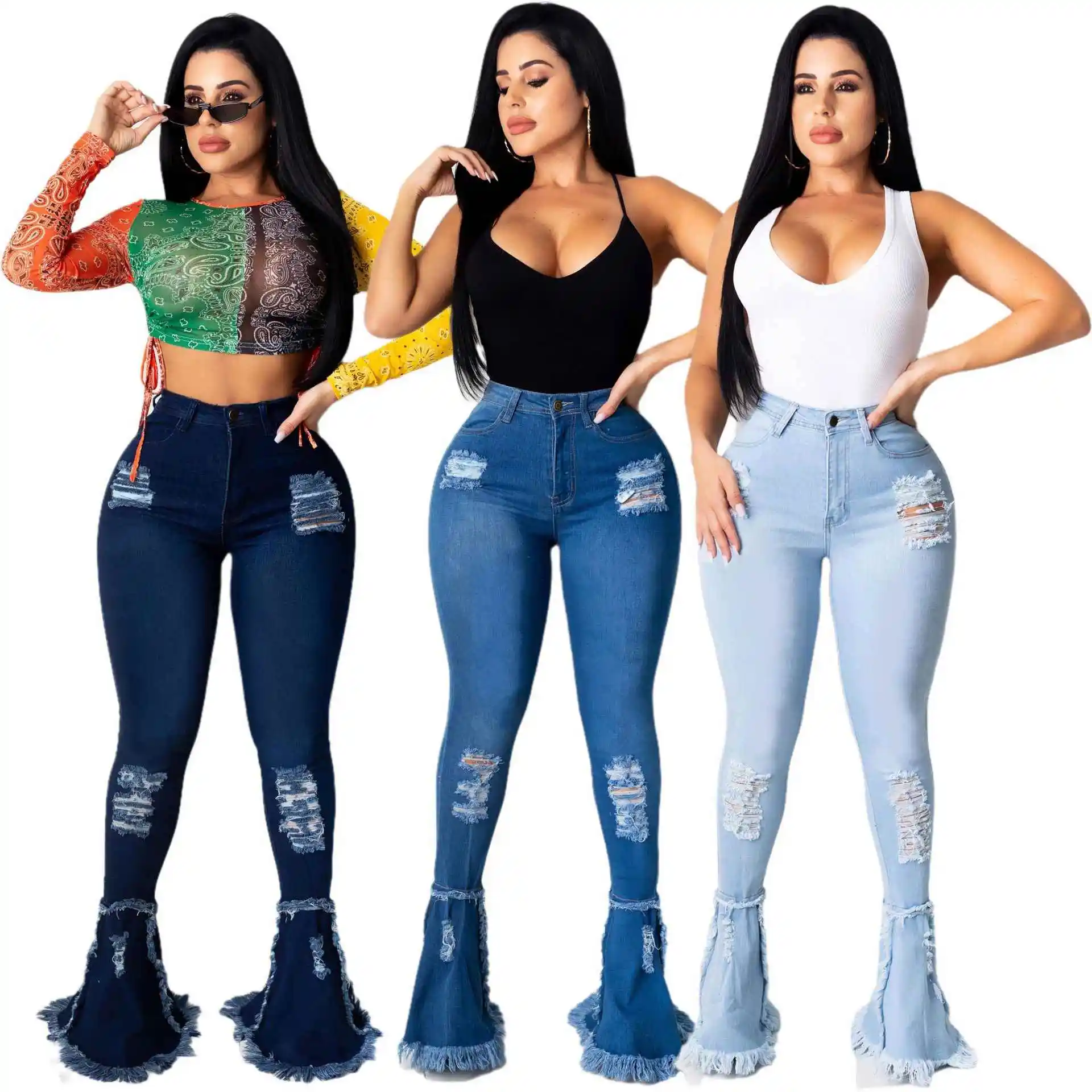 

Wholesale new arrivals fashion water washing broken hole patchwork flare plus size pants women, Photo shows