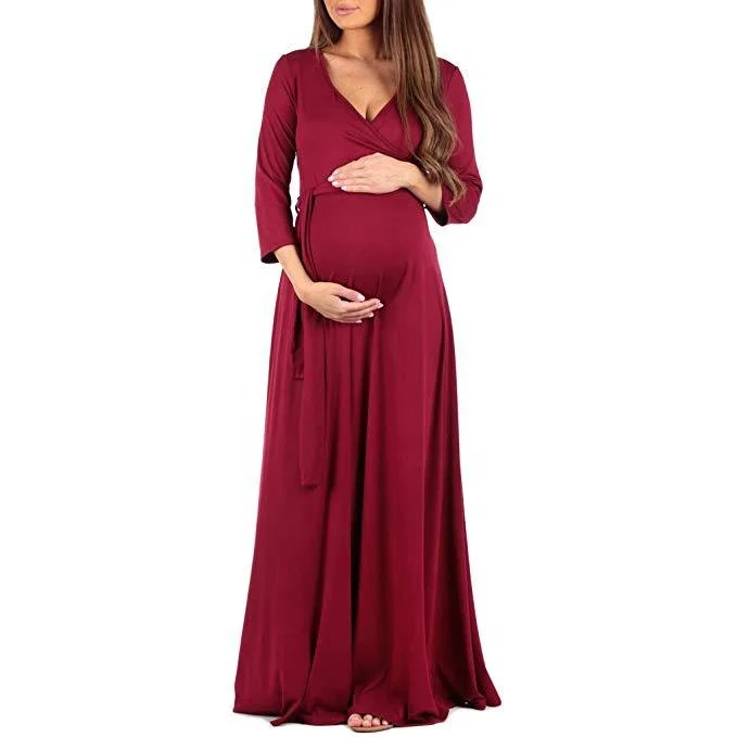 

V Neck Belt Long Sleeve Maternity Maxi Solid Dress For Pregnant Women, Black/wine red/blue/apricot/white