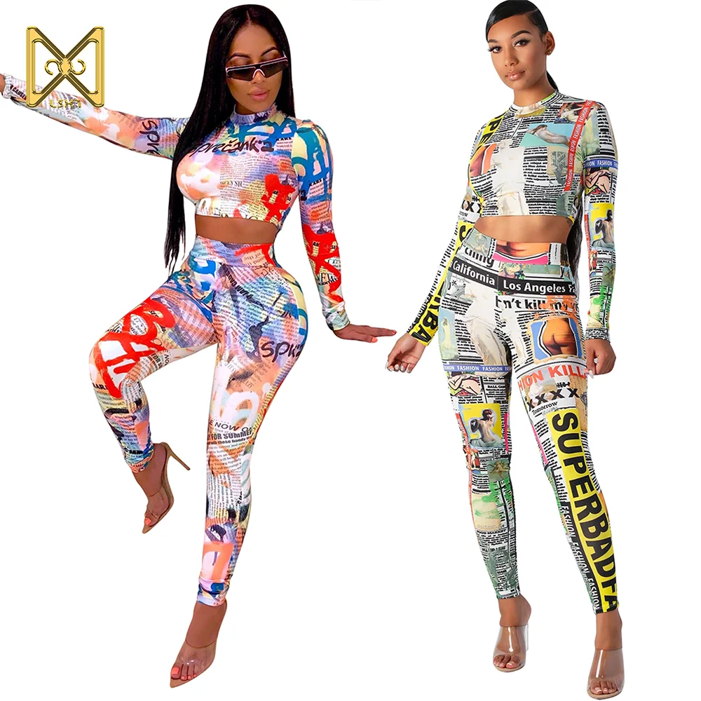 

High Quality Women Printed Round Neck Long Sleeves And High Waist Full Sleeve Sport Pantsuit Tight Set Fall Two Piece Sets, White/red