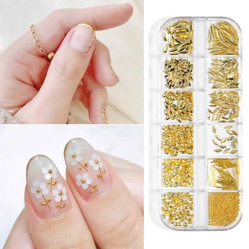 

12 Grids Metal Rivet Nail Art Decoration Studs Mix Style Stars Moon Gold Silver Strass Jewelry DIY 3D Charms Accessories, Gold/silver/rose gold