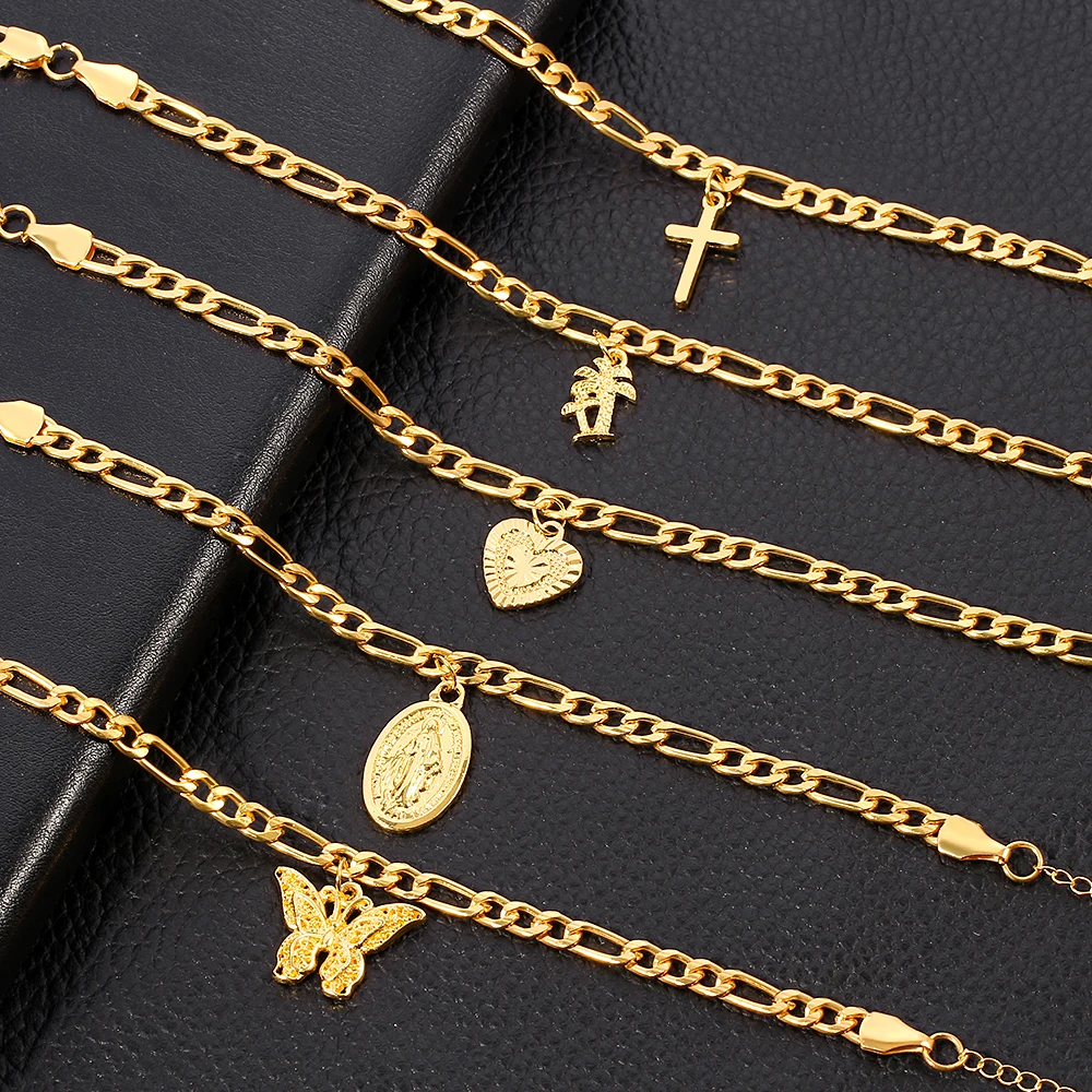 

Coconut Tree/Virgin Mary/Butterfly/Cross/Heart Bracelet for Women Men Girls Jewelry Foot Chains Religious and Wedding Gift, Gold color