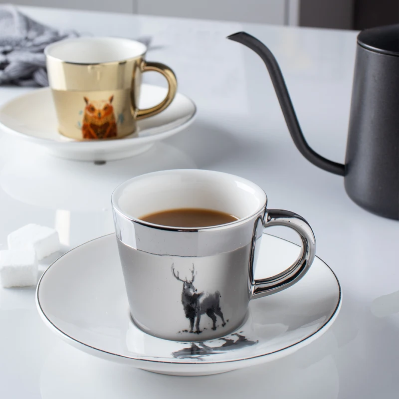 

wholesale owl panda unicorn animal silver gold mirror porcelain coffee cup and saucer plate set tazas de cafe, Silver & golden