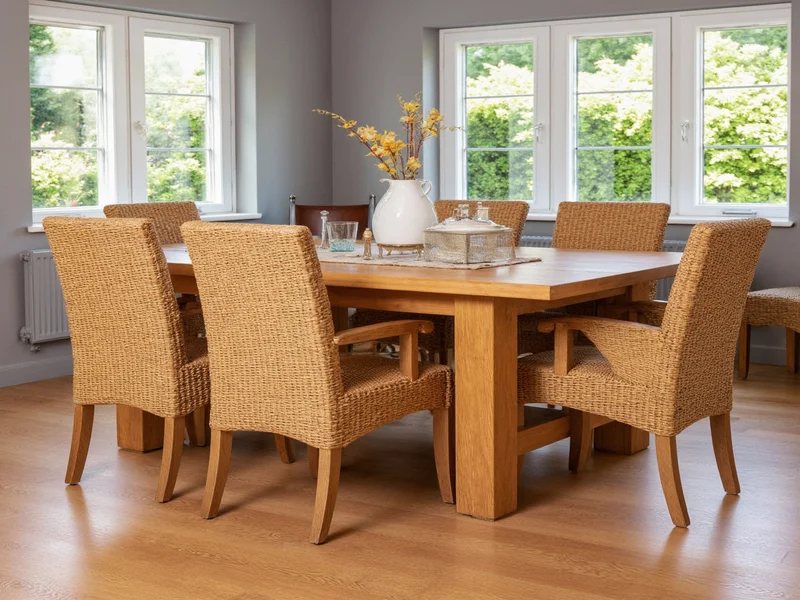 Handcrafted oak mission style dining table with woven chairs