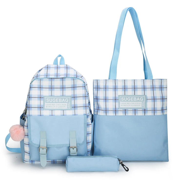 

SCB032 New design nylon three-piece backpack plaid students girl schoolbags set for teenagers