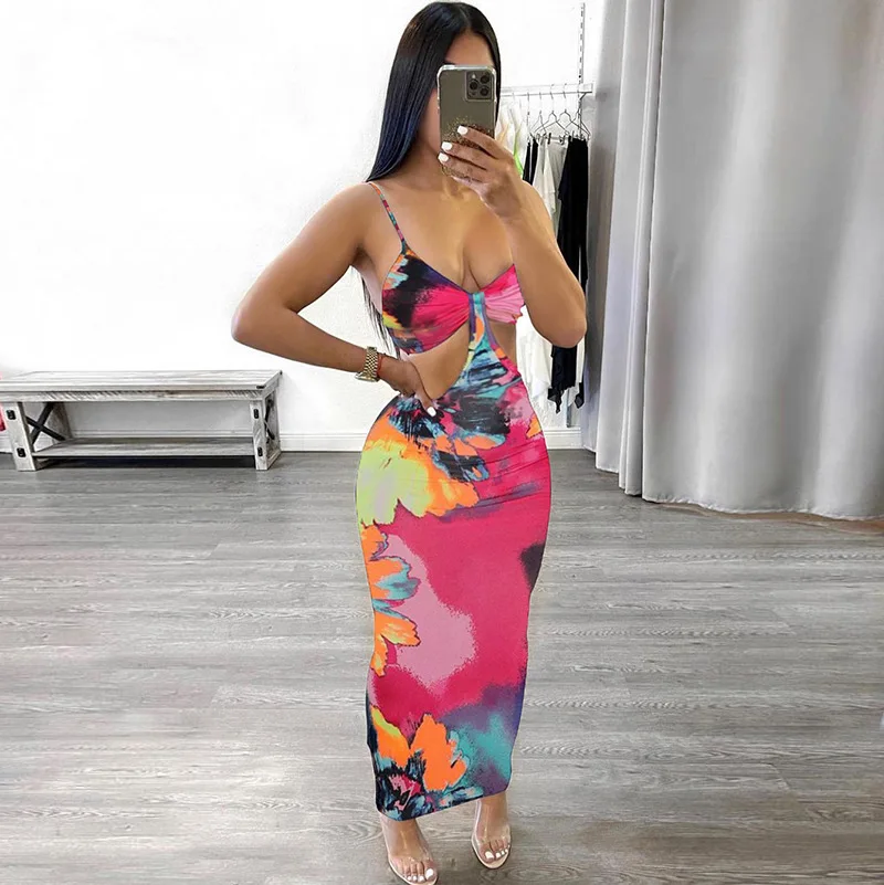 

Sleeveless Halter V-Neck Cut Out Print Bandage Sexy Maxi Dress Summer Women Fashion Holiday Wear, Shown