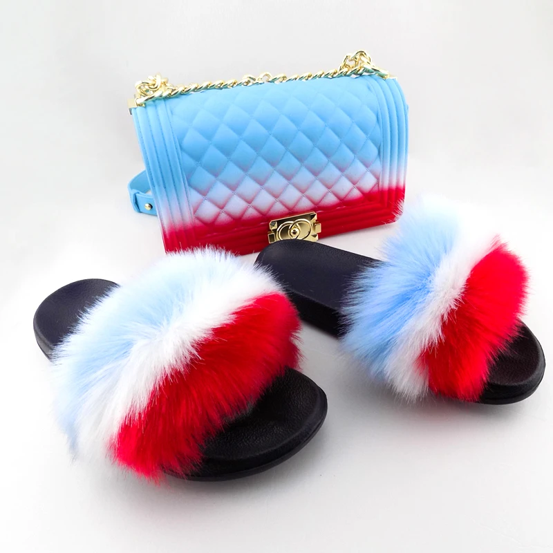 

wholesale womens furry big faux fox fur slippers matching jelly purse sets, As pictures or oem