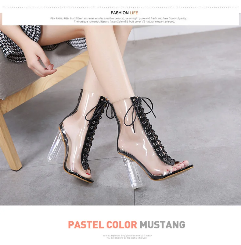 

Factory direct sale luxury shoes thin straps thick transparent heels sandals for women and ladies