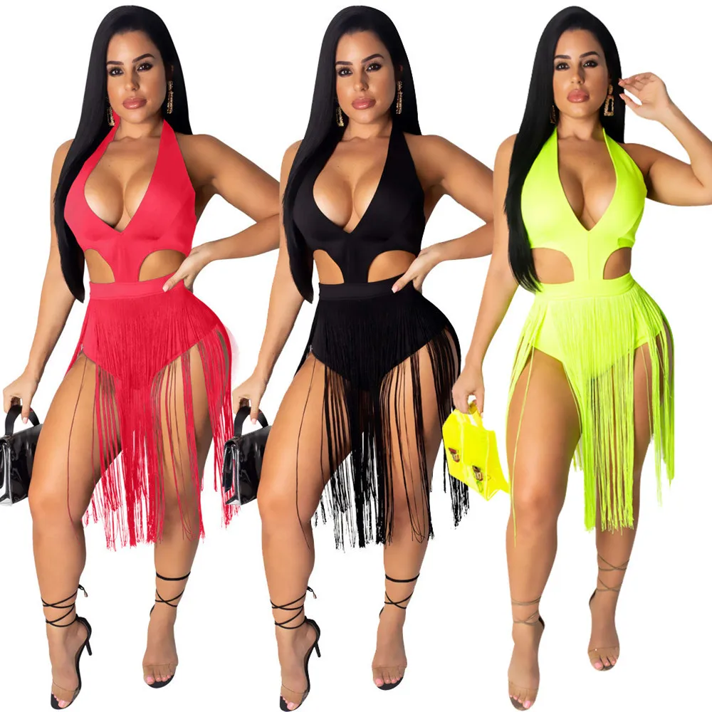 

2021 Hot selling sexy women's clothes solid color tassel fringes hollowed out One piece Jumpsuit skirt bar nightclub clothes