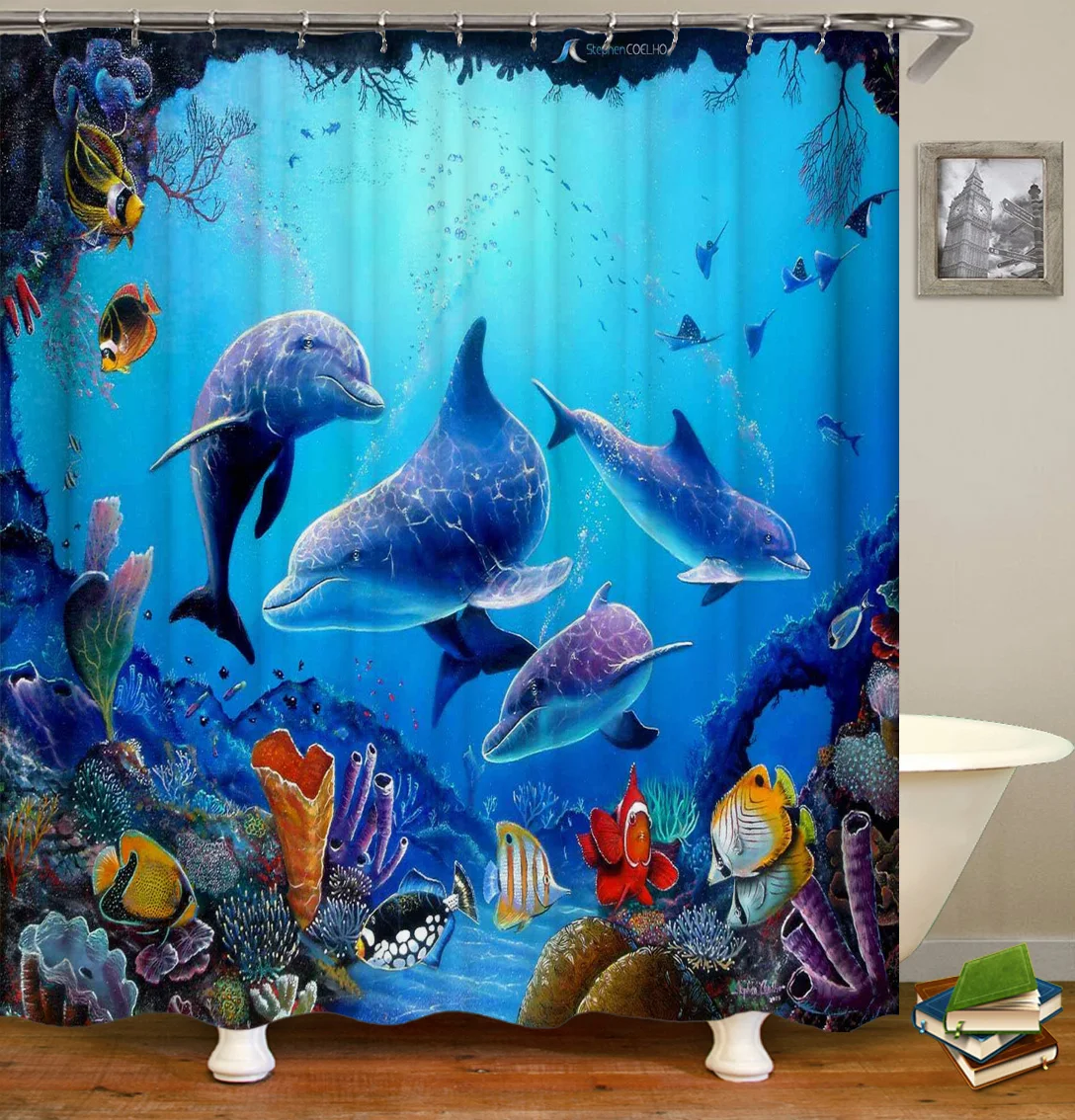 

Drop shipping, selling 100% polyester waterproof shower curtain, Ocean World high-quality shower curtain/, Customized color