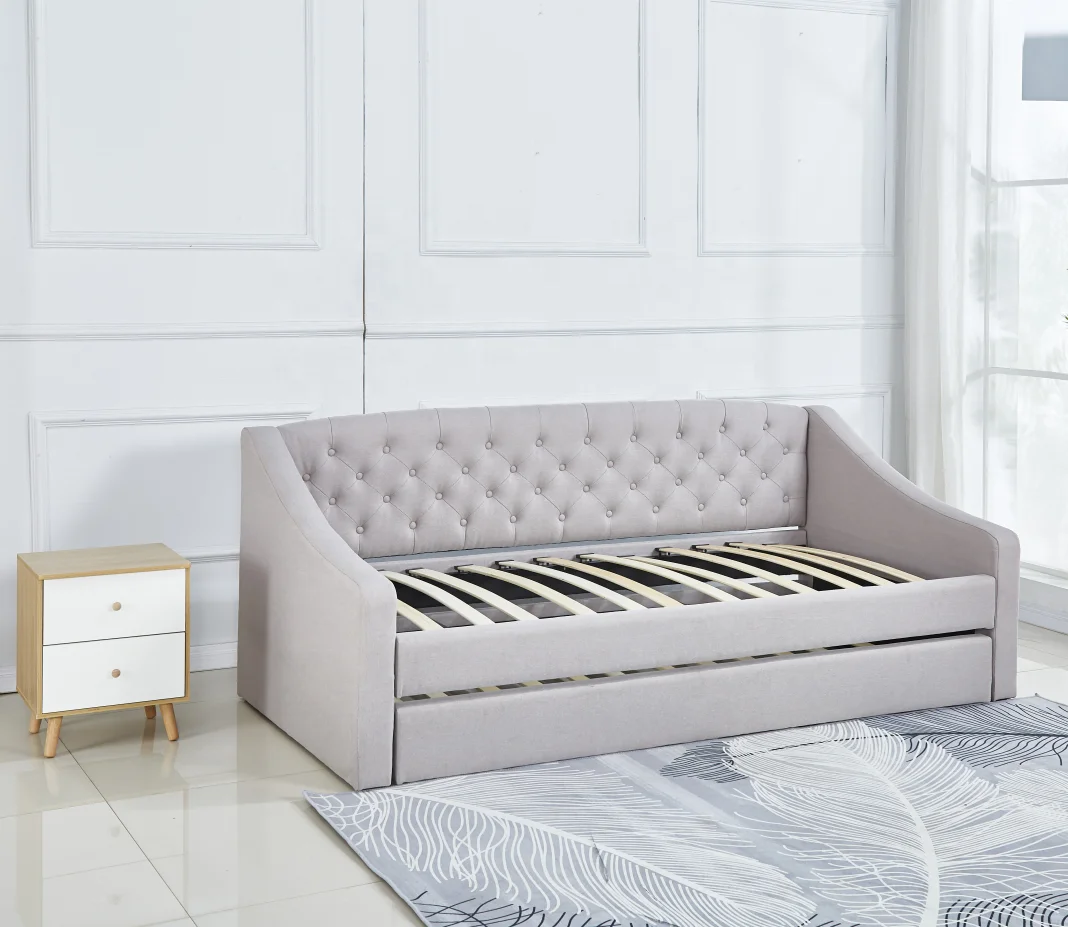 

Modern and Contemporary Upholstered Grey Linen Fabric Daybed with Trundle, Any color available