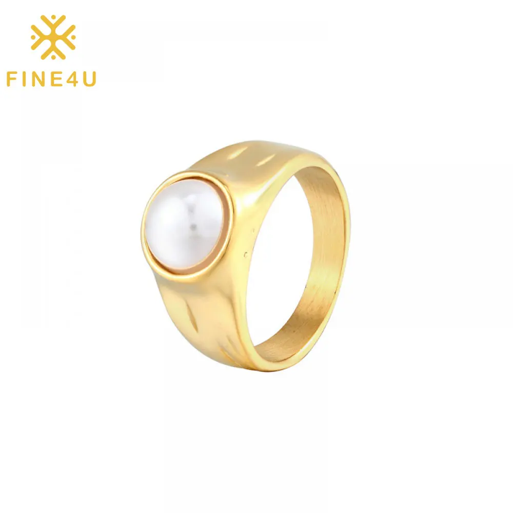 

Wholesale Retro 14k Gold Plated Spit Mount Pearl Bead Stainless Steel Rings Jewelry Women