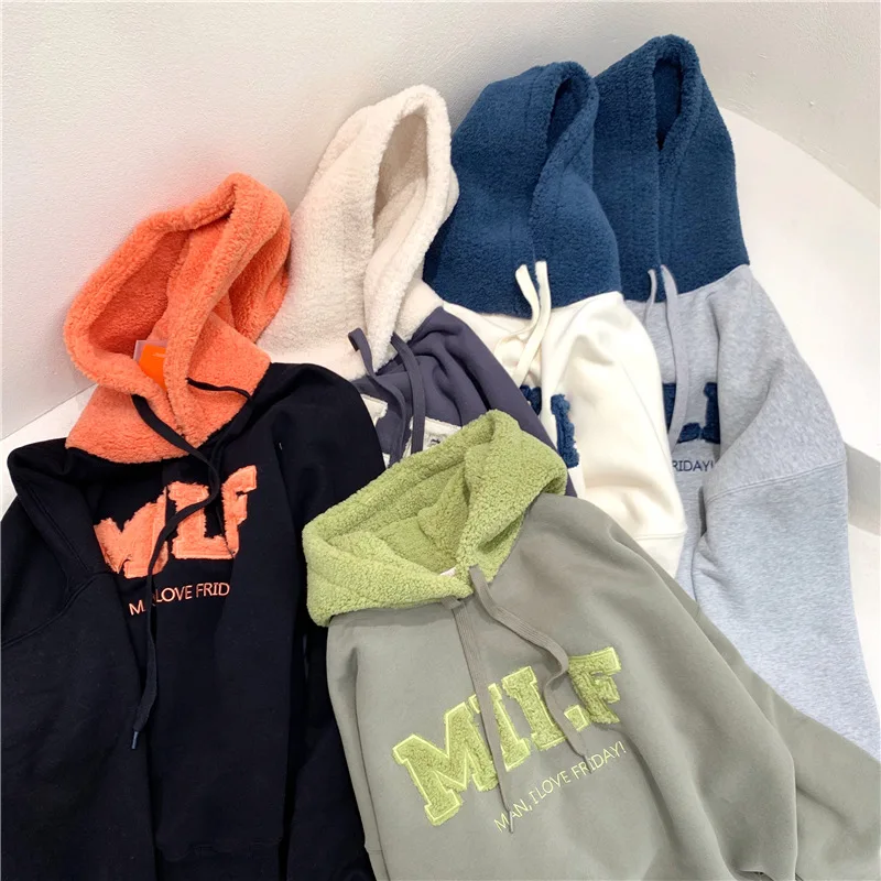 

2021Letter stitching lamb hair and velvet bf wind hooded sweater sweater sweartshirts women sweater fleece