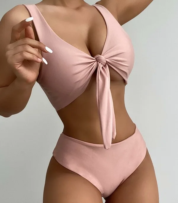 

New Arrival Solid Color Tank Top Comfortable Swimming Knotted Sexy Swimsuit Triangle High Waist Bikini Set, As picture