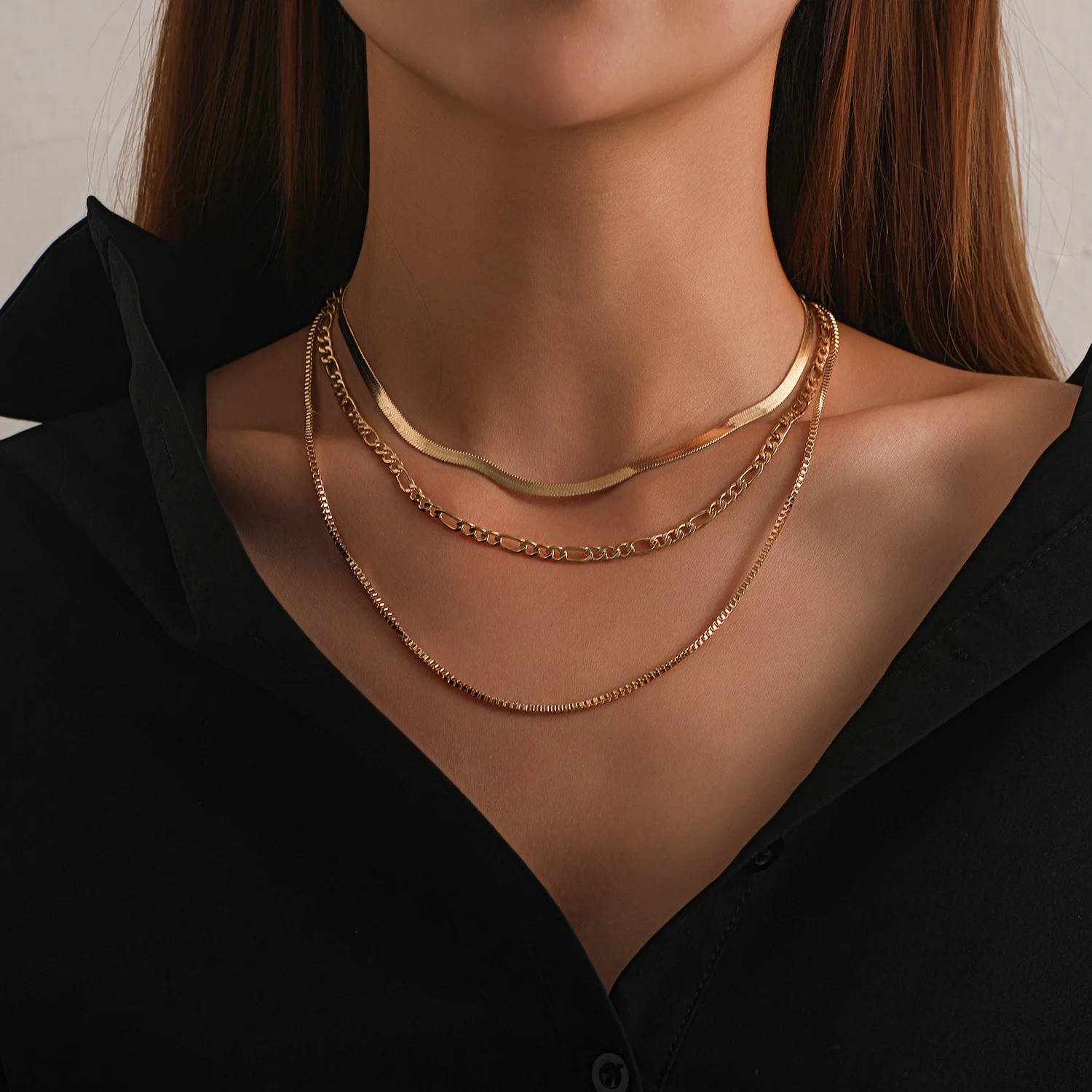 

Welwish 18k gold plated Multilayer Stainless Necklace Three Layer Snake Bone Chain Choker Flat Snake Chain Necklace For Women