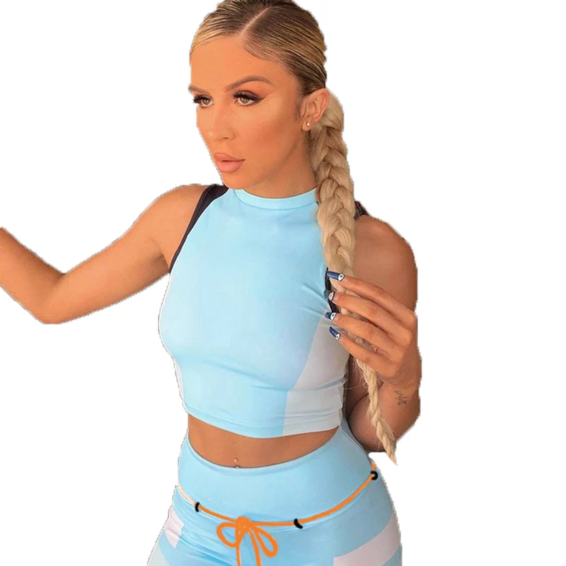 

Hot sale two-piece suit women's suit clothing contrast color fashion printing breathable clothing summer women's clothing, Blue